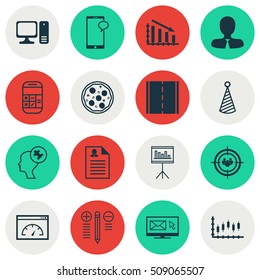 Set Of 16 Universal Editable Icons. Can Be Used For Web, Mobile And App Design. Includes Icons Such As Desktop Computer, Female Application, Manager And More.