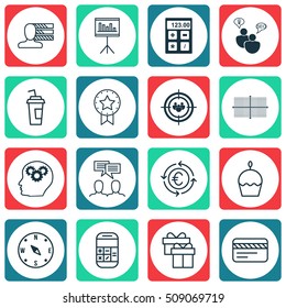 Set Of 16 Universal Editable Icons. Can Be Used For Web, Mobile And App Design. Includes Icons Such As Present Badge, Calculation, Birthday Cake And More.