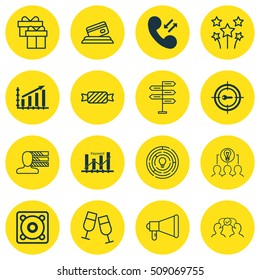 Set Of 16 Universal Editable Icons. Can Be Used For Web, Mobile And App Design. Includes Icons Such As Cellular Data, Festive Fireworks, Collaborative Solution And More.
