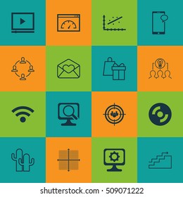 Set Of 16 Universal Editable Icons. Can Be Used For Web, Mobile And App Design. Includes Icons Such As Graphical Grid, PC, Collaborative Solution And More.