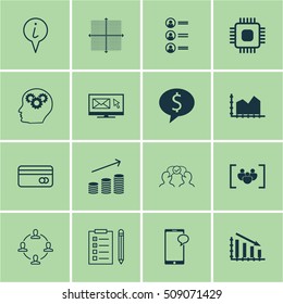 Set Of 16 Universal Editable Icons. Can Be Used For Web, Mobile And App Design. Includes Icons Such As Graphical Grid, Brain Process, Sequence Graphics And More.