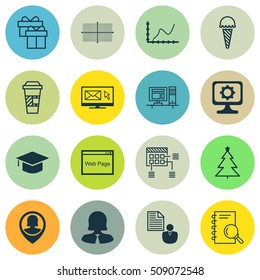Set Of 16 Universal Editable Icons. Can Be Used For Web, Mobile And App Design. Includes Icons Such As Decorated Tree, Schedule, Website And More.