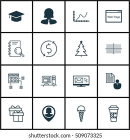 Set Of 16 Universal Editable Icons. Can Be Used For Web, Mobile And App Design. Includes Icons Such As Newsletter, Analysis, Money Trasnfer And More.