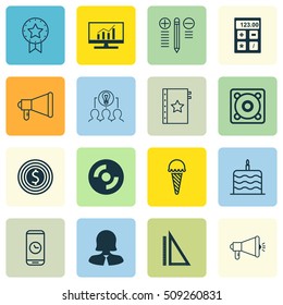 Set Of 16 Universal Editable Icons. Can Be Used For Web, Mobile And App Design. Includes Icons Such As Celebration Cake, Financial, Present Badge And More.