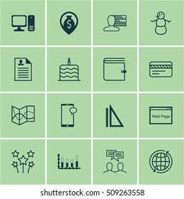 Set Of 16 Universal Editable Icons. Can Be Used For Web, Mobile And App Design. Includes Icons Such As Celebration Cake, Wallet, Road Map And More.