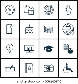 Set Of 16 Universal Editable Icons. Can Be Used For Web, Mobile And App Design. Includes Icons Such As Shopping, Celebration Cake, Street And More.