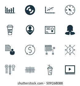 Set Of 16 Universal Editable Icons. Can Be Used For Web, Mobile And App Design. Includes Icons Such As Business Woman, Video Player, Takeaway Coffee And More.