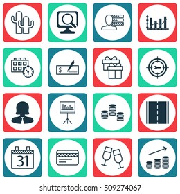 Set Of 16 Universal Editable Icons. Can Be Used For Web, Mobile And App Design. Includes Icons Such As Bank Card, Date, Raise Diagram And More.