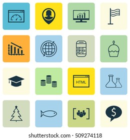 Set Of 16 Universal Editable Icons. Can Be Used For Web, Mobile And App Design. Includes Icons Such As Pin Employee, Market Research, Fishing And More.
