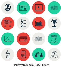 Set Of 16 Universal Editable Icons. Can Be Used For Web, Mobile And App Design. Includes Icons Such As Sequence Graphics, Phone Conference, Employee Location And More.