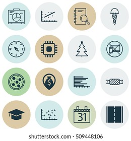Set Of 16 Universal Editable Icons. Can Be Used For Web, Mobile And App Design. Includes Icons Such As Photo Camera, Bars Chart, Date And More.