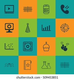 Set Of 16 Universal Editable Icons. Can Be Used For Web, Mobile And App Design. Includes Icons Such As Plot Diagram, Warranty, Birthday Hat And More.
