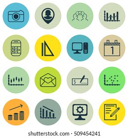Set Of 16 Universal Editable Icons. Can Be Used For Web, Mobile And App Design. Includes Icons Such As Stock Market, Fail Graph, Desktop Computer And More.
