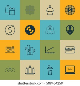 Set Of 16 Universal Editable Icons. Can Be Used For Web, Mobile And App Design. Includes Icons Such As Employee Location, Birthday Cake, Drink Cup And More.
