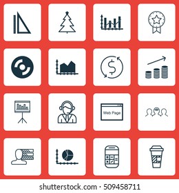 Set Of 16 Universal Editable Icons. Can Be Used For Web, Mobile And App Design. Includes Icons Such As Raise Diagram, Takeaway Coffee, Coaching And More.
