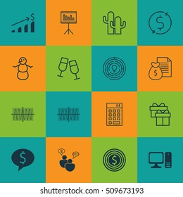 Set Of 16 Universal Editable Icons. Can Be Used For Web, Mobile And App Design. Includes Icons Such As Presentation, Business Goal, Report And More.