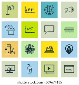 Set Of 16 Universal Editable Icons. Can Be Used For Web, Mobile And App Design. Includes Icons Such As Video Player, Present, Library And More.