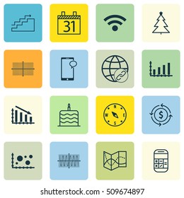 Set Of 16 Universal Editable Icons. Can Be Used For Web, Mobile And App Design. Includes Icons Such As Messaging, Sinus Graph, Date And More.