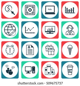 Set Of 16 Universal Editable Icons. Can Be Used For Web, Mobile And App Design. Includes Icons Such As Time Management, Desktop Computer, Changes Graph And More.