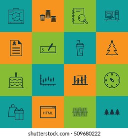 Set Of 16 Universal Editable Icons. Can Be Used For Web, Mobile And App Design. Includes Icons Such As Sinus Graph, Shopping, Celebration Cake And More.
