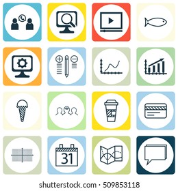 Set Of 16 Universal Editable Icons. Can Be Used For Web, Mobile And App Design. Includes Icons Such As Bank Card, Achievement Graph, Phone Conference And More.