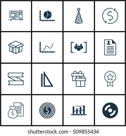 Set Of 16 Universal Editable Icons. Can Be Used For Web, Mobile And App Design. Includes Icons Such As Curriculum Vitae, Present Badge, Measurement And More.