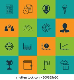 Set Of 16 Universal Editable Icons. Can Be Used For Web, Mobile And App Design. Includes Icons Such As Currency Recycle, Segmented Bar Graph, Circle Graph And More.