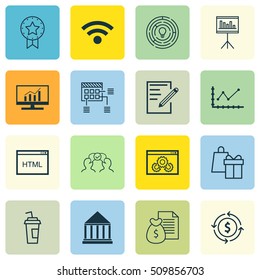 Set Of 16 Universal Editable Icons. Can Be Used For Web, Mobile And App Design. Includes Icons Such As Drink Cup, Report, Money Recycle And More.