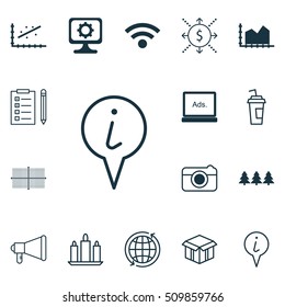 Set Of 16 Universal Editable Icons. Can Be Used For Web, Mobile And App Design. Includes Icons Such As Announcement, Info Pointer, Drink Cup And More.