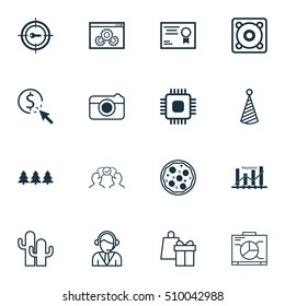 Set Of 16 Universal Editable Icons. Can Be Used For Web, Mobile And App Design. Includes Icons Such As Birthday Hat, Keyword Marketing, Website Performance And More.