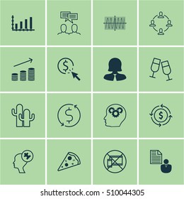 Set Of 16 Universal Editable Icons. Can Be Used For Web, Mobile And App Design. Includes Icons Such As Brain Process, Money Recycle, Cosinus Diagram And More.