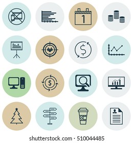 Set Of 16 Universal Editable Icons. Can Be Used For Web, Mobile And App Design. Includes Icons Such As Market Research, Decorated Tree, Curriculum Vitae And More.