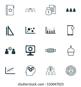 Set Of 16 Universal Editable Icons. Can Be Used For Web, Mobile And App Design. Includes Icons Such As Birthday Cake, Segmented Bar Graph, Measurement And More.