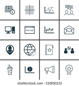 Set Of 16 Universal Editable Icons. Can Be Used For Web, Mobile And App Design. Includes Icons Such As Website, Phone Conference, Drink Cup And More.