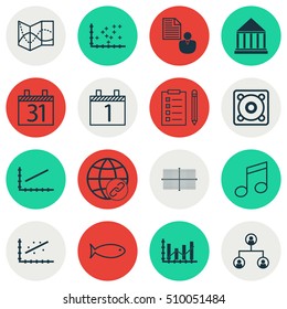 Set Of 16 Universal Editable Icons. Can Be Used For Web, Mobile And App Design. Includes Icons Such As Analytics, Music, Square Diagram And More.