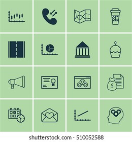 Set Of 16 Universal Editable Icons. Can Be Used For Web, Mobile And App Design. Includes Icons Such As Road Map, Takeaway Coffee, Education Center And More.