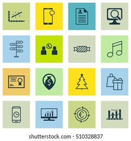 Set Of 16 Universal Editable Icons. Can Be Used For Web, Mobile And App Design. Includes Icons Such As Shopping, Curriculum Vitae, Market Research And More.