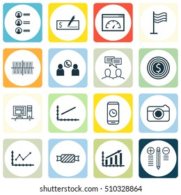Set Of 16 Universal Editable Icons. Can Be Used For Web, Mobile And App Design. Includes Icons Such As Decision Making, Street, Sinus Graph And More.