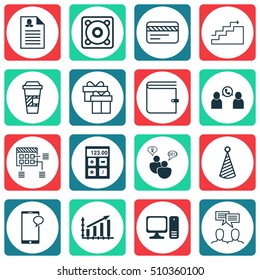 Set Of 16 Universal Editable Icons. Can Be Used For Web, Mobile And App Design. Includes Icons Such As Growth, Birthday Hat, Music And More.
