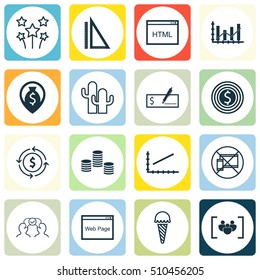 Set Of 16 Universal Editable Icons. Can Be Used For Web, Mobile And App Design. Includes Icons Such As Money, Raise Diagram, Money Navigation And More.
