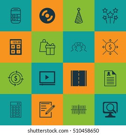 Set Of 16 Universal Editable Icons. Can Be Used For Web, Mobile And App Design. Includes Icons Such As Laptop, Shopping, Video Player And More.
