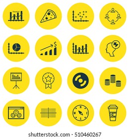 Set Of 16 Universal Editable Icons. Can Be Used For Web, Mobile And App Design. Includes Icons Such As Circle Graph, Plot Diagram, Present Badge And More.