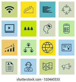 Set Of 16 Universal Editable Icons. Can Be Used For Web, Mobile And App Design. Includes Icons Such As Curriculum Vitae, Successful Investment, Tree Structure And More.