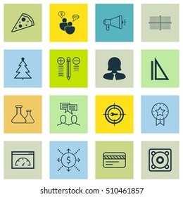 Set Of 16 Universal Editable Icons. Can Be Used For Web, Mobile And App Design. Includes Icons Such As Sliced Pizza, Keyword Marketing, Chemical And More.