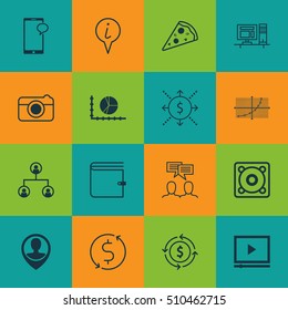 Set Of 16 Universal Editable Icons. Can Be Used For Web, Mobile And App Design. Includes Icons Such As Employee Location, Computer, Sliced Pizza And More.