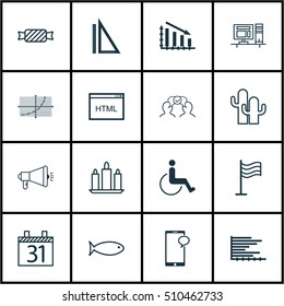 Set Of 16 Universal Editable Icons. Can Be Used For Web, Mobile And App Design. Includes Icons Such As Measurement, Fail Graph, Pin And More.