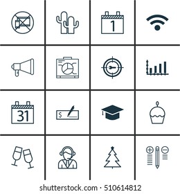 Set Of 16 Universal Editable Icons. Can Be Used For Web, Mobile And App Design. Includes Icons Such As Wireless, Operator, Decorated Tree And More.