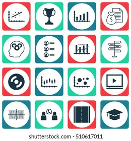 Set Of 16 Universal Editable Icons. Can Be Used For Web, Mobile And App Design. Includes Icons Such As Dynamics, Video Player, Graduation And More.
