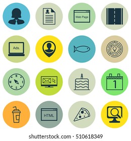 Set Of 16 Universal Editable Icons. Can Be Used For Web, Mobile And App Design. Includes Icons Such As Celebration Cake, Photo Camera, Employee Location And More.