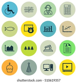 Set Of 16 Universal Editable Icons. Can Be Used For Web, Mobile And App Design. Includes Icons Such As Birthday Cake, Credit Card, Video Player And More.